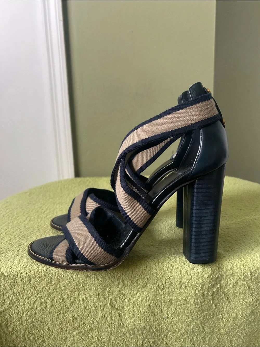 Tory Burch Navy and Beige Striped Block Heel Sandal